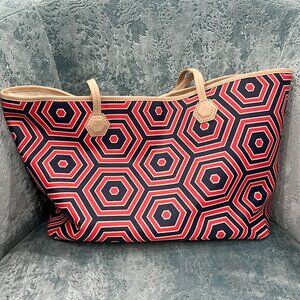 Jonathan Adler Duchess Med Tote Bag Tan Blue Coral Logo City Chic Mod Honeycomb
